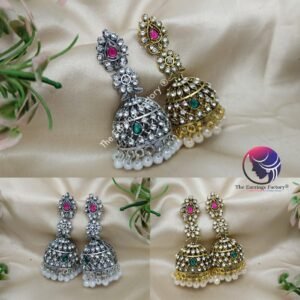Traditional Golden | Silver Floral Stone Jhumka