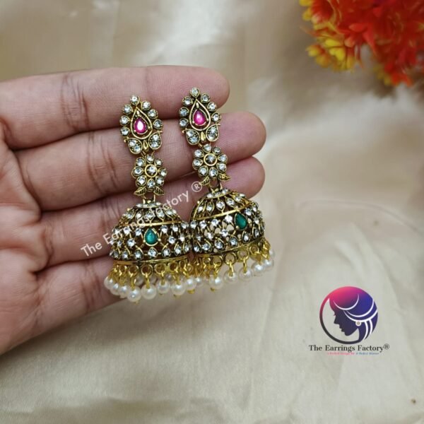 Traditional Golden | Silver Floral Stone Jhumka - Image 3