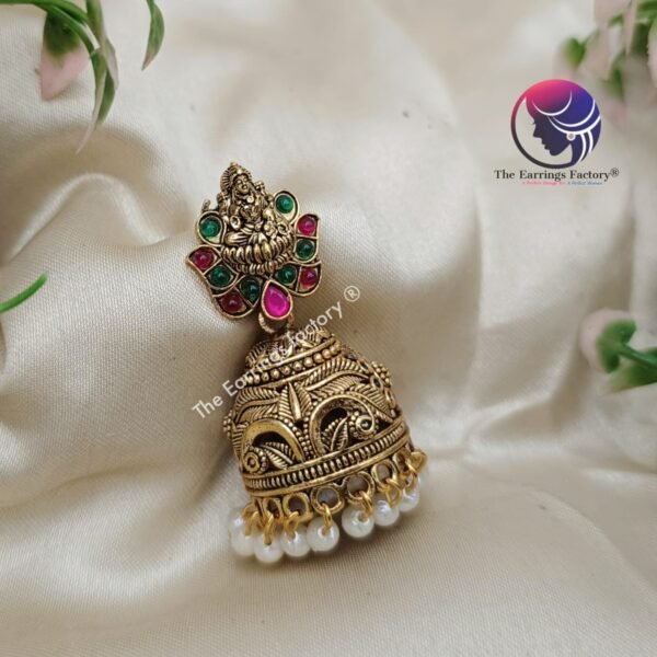 Traditional Golden Multi Stone Lakshmi Jhumka - Image 2