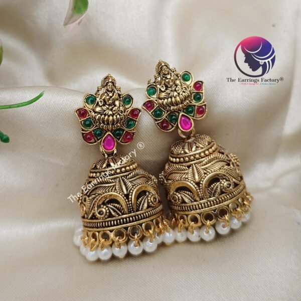 Traditional Golden Multi Stone Lakshmi Jhumka - Image 3