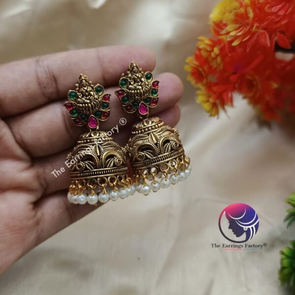 Traditional Golden Multi Stone Lakshmi Jhumka - Image 4