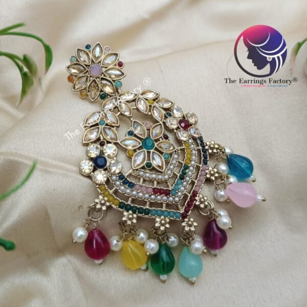 Weightless Kundan Stone Multi Colour Pearl Beads Party wear Earrings - Image 2
