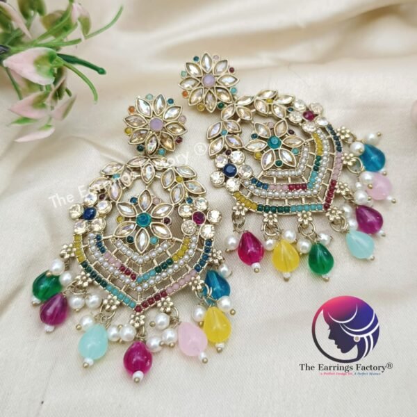Weightless Kundan Stone Multi Colour Pearl Beads Party wear Earrings - Image 3