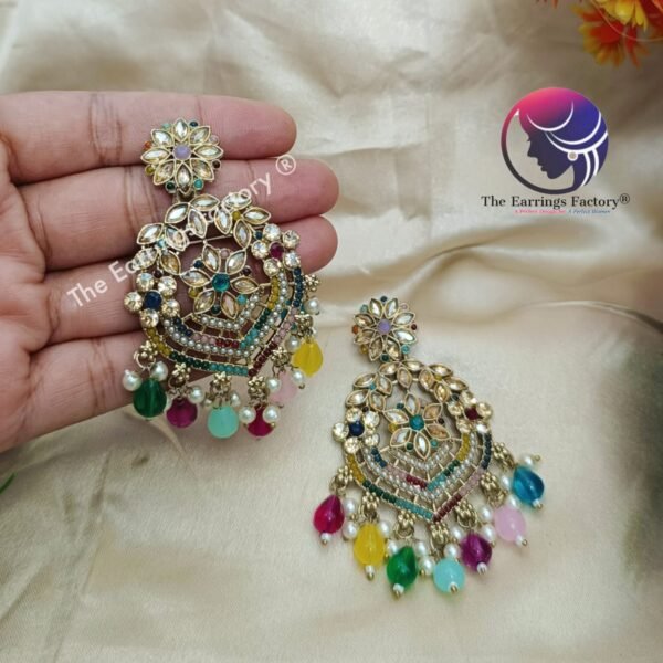 Weightless Kundan Stone Multi Colour Pearl Beads Party wear Earrings - Image 4