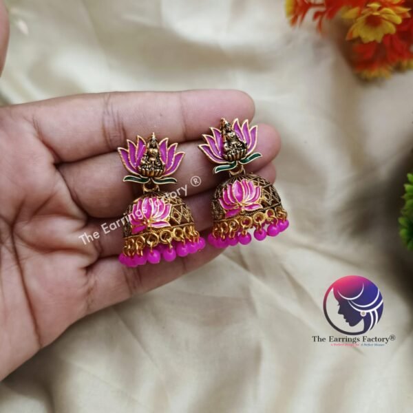 Traditional Golden Colourful Lotus Temple Jhumka - Image 3