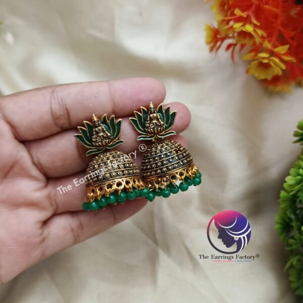 Traditional Golden Colourful Lotus Temple Jhumka - Image 3