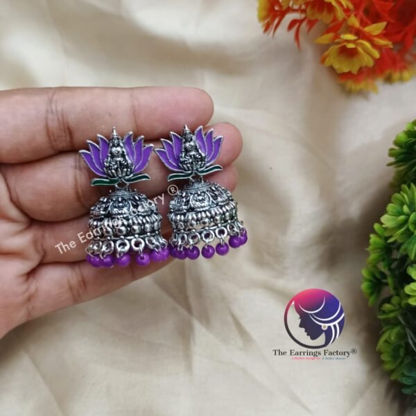 Traditional Silver Colourful Lotus Temple Jhumka - Image 3