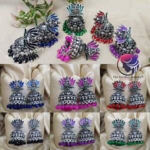 Traditional Silver Colourful Lotus Temple Jhumka