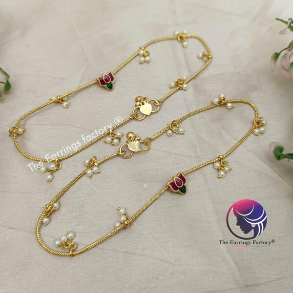 Traditional Antique Pearl Beads Lotus Anklet - Image 2