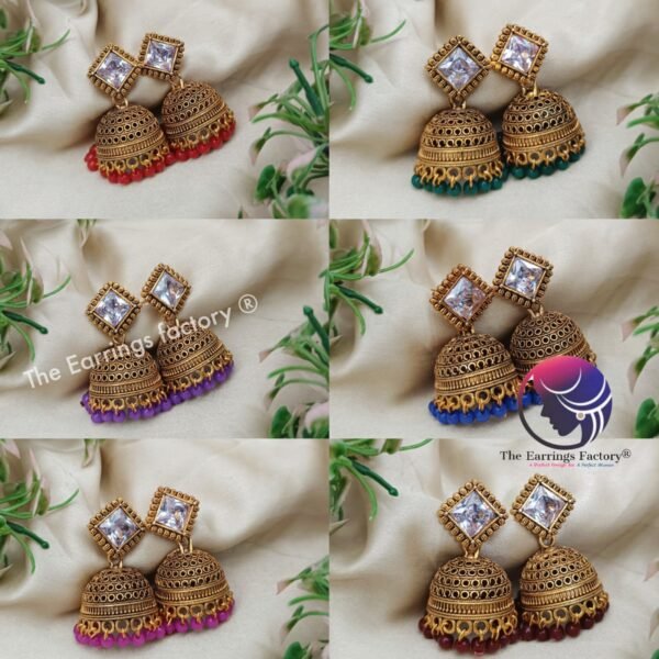 Traditional Golden Colour Beads stone   Jhumka - Image 3