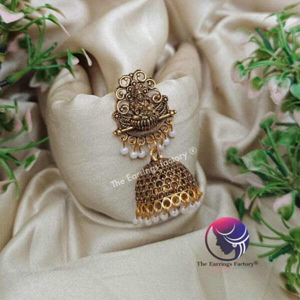Traditional Golden Pearl Beads Lakshmi Jhumka - Image 4