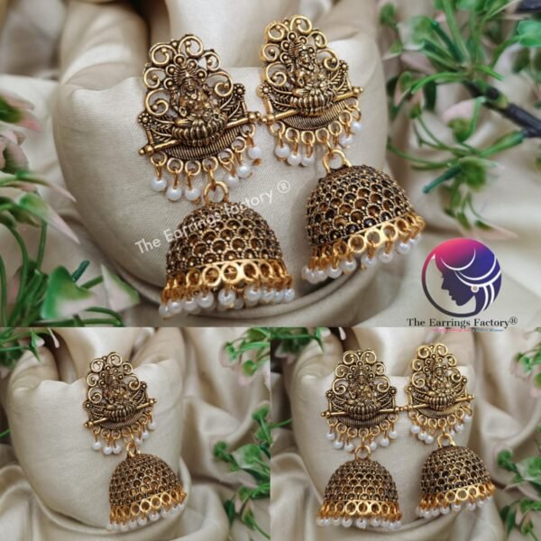 Traditional Golden Pearl Beads Lakshmi Jhumka