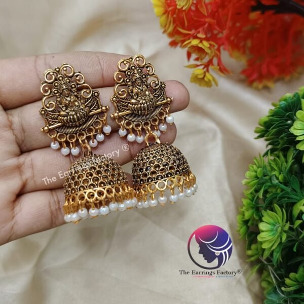 Traditional Golden Pearl Beads Lakshmi Jhumka - Image 3