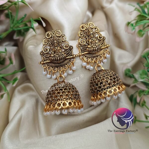 Traditional Golden Pearl Beads Lakshmi Jhumka - Image 2