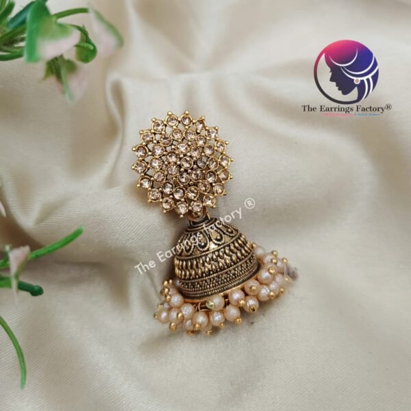 Traditional Golden Pearl Beads Stone Jhumka - Image 2