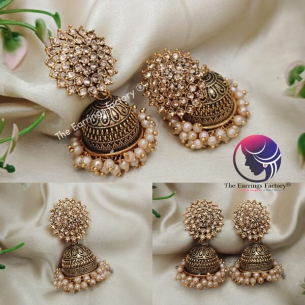 Traditional Golden Pearl Beads Stone Jhumka