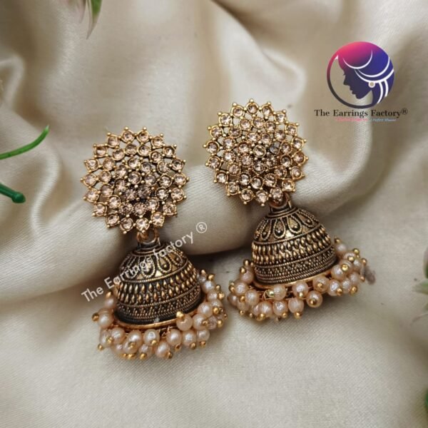 Traditional Golden Pearl Beads Stone Jhumka - Image 4