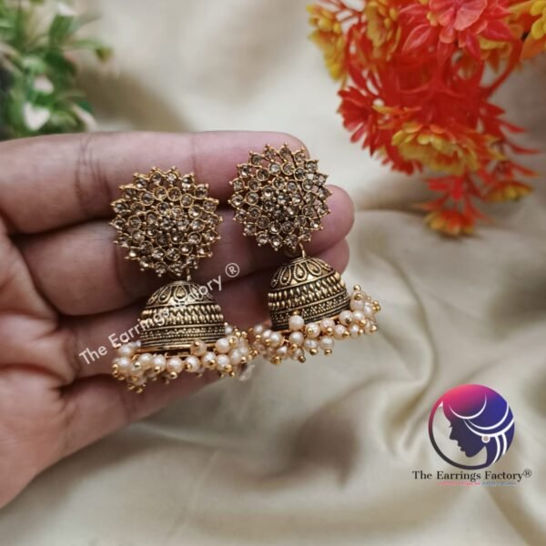 Traditional Golden Pearl Beads Stone Jhumka - Image 3