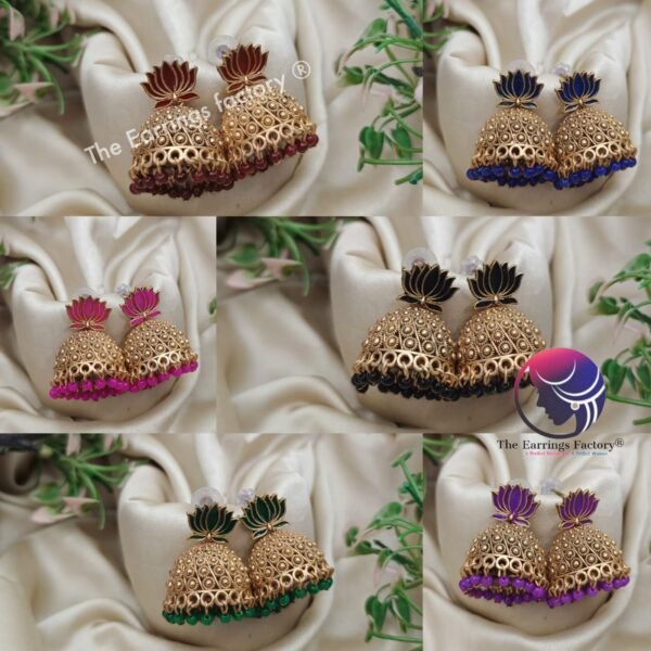 Traditional Golden Colourful Lotus Jhumka - Image 2