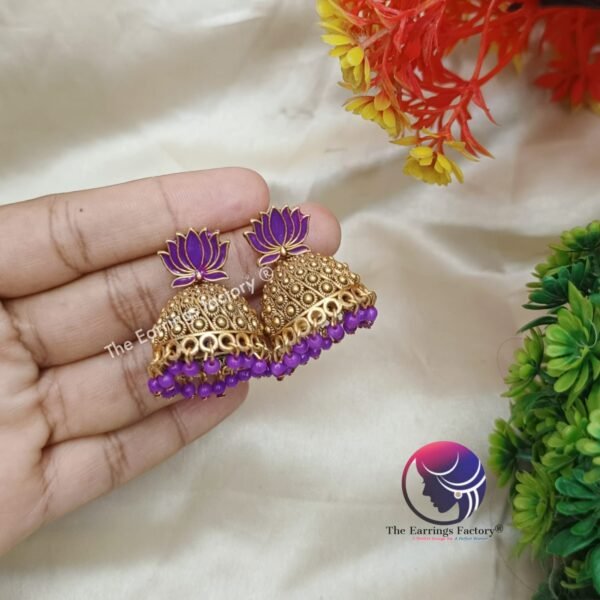 Traditional Golden Colourful Lotus Jhumka - Image 3