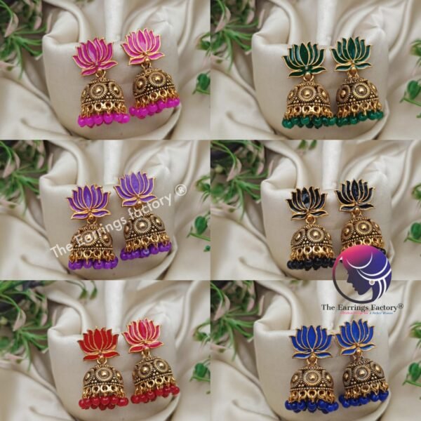 Traditional Golden Colourful Lotus Jhumka - Image 2