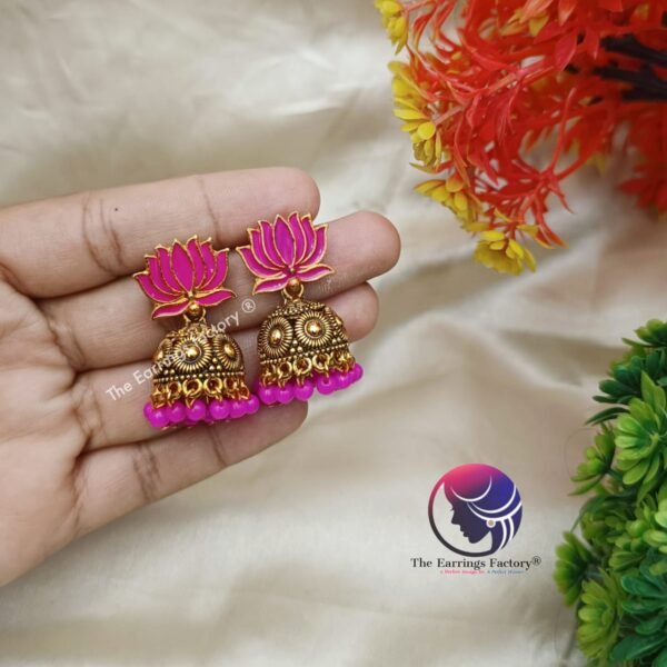 Traditional Golden Colourful Lotus Jhumka - Image 3