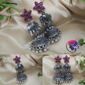Traditional Oxidized Multi Stone Elephant  Silver Jhumka