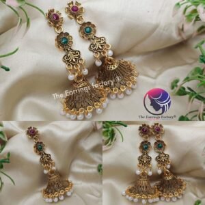 Traditional Golden Floral Multi Stone Long Jhumka
