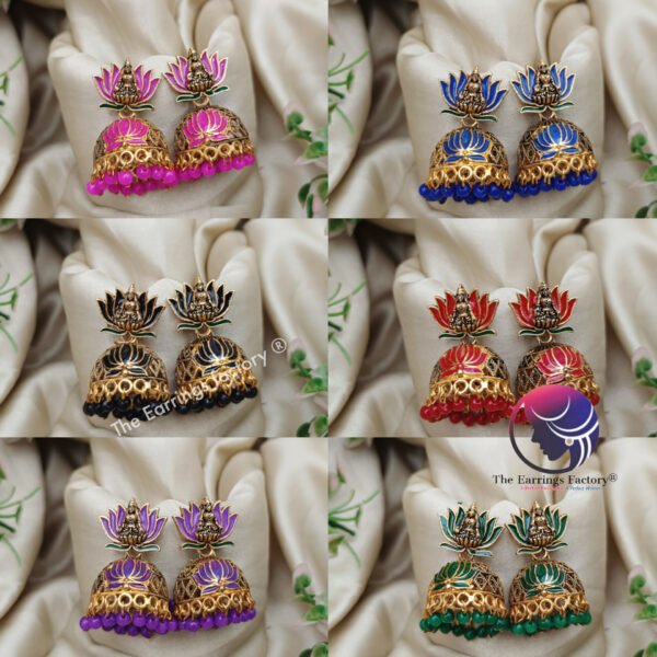 Traditional Golden Colourful Lotus Temple Jhumka - Image 2
