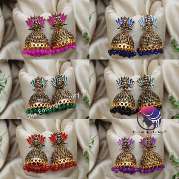 Traditional Golden Colourful Lotus Temple Jhumka - Image 2