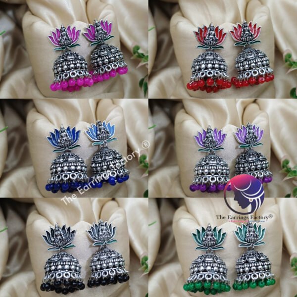 Traditional Silver Colourful Lotus Temple Jhumka - Image 2