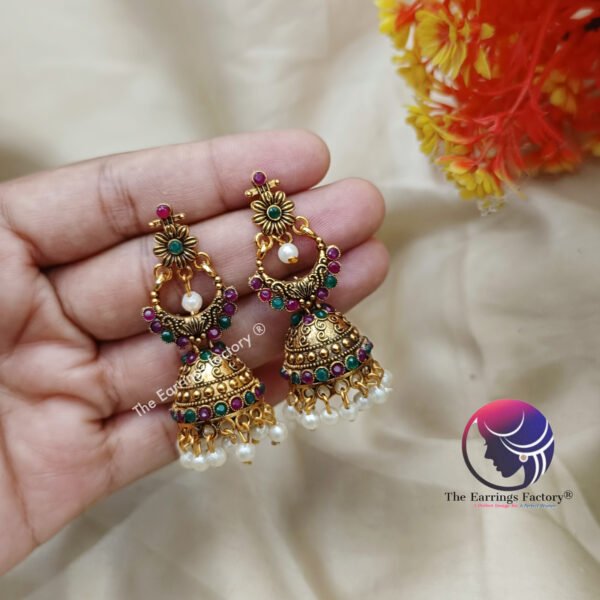 Traditional Golden Multi Stone Jhumka - Image 3
