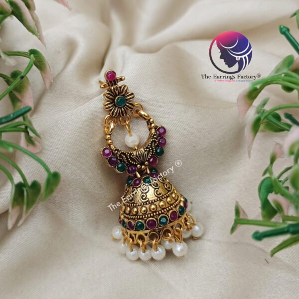Traditional Golden Multi Stone Jhumka - Image 2