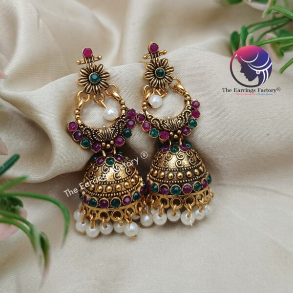 Traditional Golden Multi Stone Jhumka - Image 4