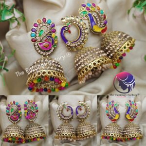 Traditional Golden Multi colour peacock Stone Jhumka