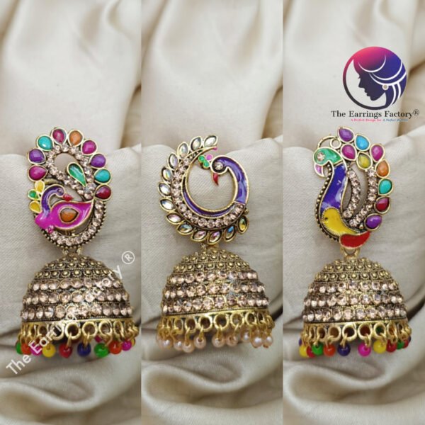 Traditional Golden Multi colour peacock Stone Jhumka - Image 2