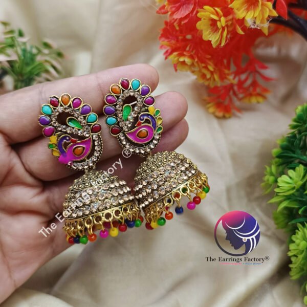 Traditional Golden Multi colour peacock Stone Jhumka - Image 3