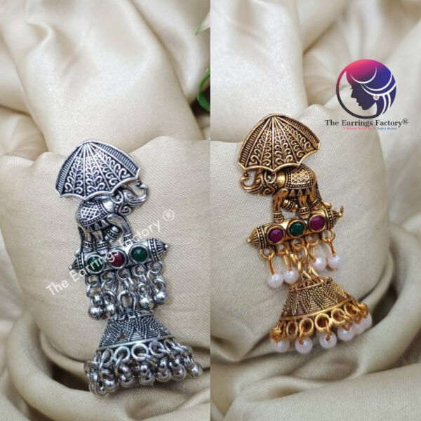 Traditional Golden | Silver Multi Stone Elephant Jhumka - Image 2