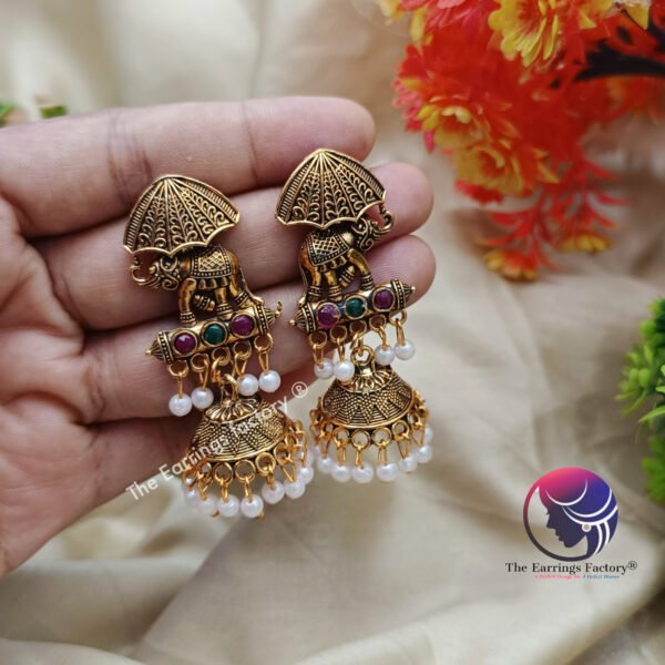 Traditional Golden | Silver Multi Stone Elephant Jhumka - Image 3