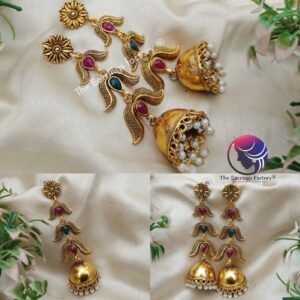 Traditional Golden Floral Multi Stone Long Jhumka