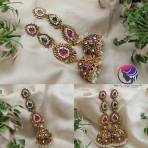 Traditional Golden Multi Stone Long Jhumka
