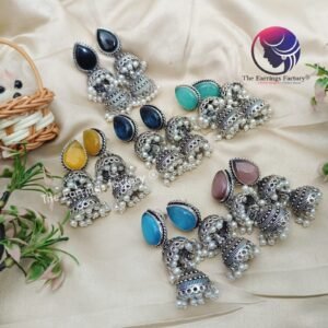 Trending Oxidized Two Layer Crystal stone Silver Jhumka