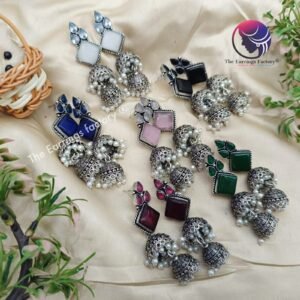 Trending Oxidized Two Layer Crystal stone Silver Jhumka