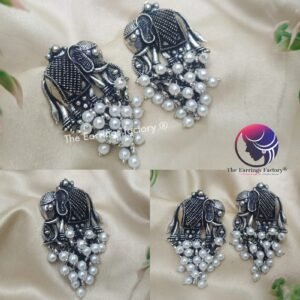 Trending Oxidized  Elephant Pearl Beads Silver Big Stud
