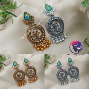 Traditional Radha Krishna Silver | Golden Peacock Feather Earrings