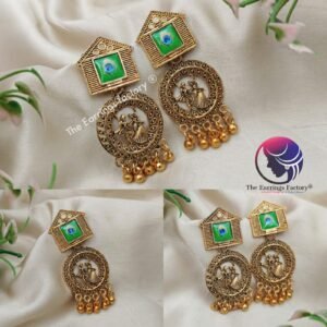 Traditional Radha Krishna Golden Peacock Feather Earrings