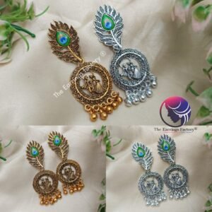 Traditional Radha Krishna Silver | Golden Peacock Feather Earrings