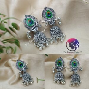 Traditional Radha Krishna Silver Peacock Feather Jhumka