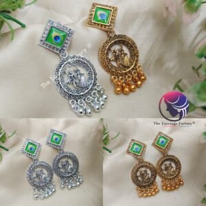 Traditional Radha Krishna Silver | Golden Peacock Feather Earrings