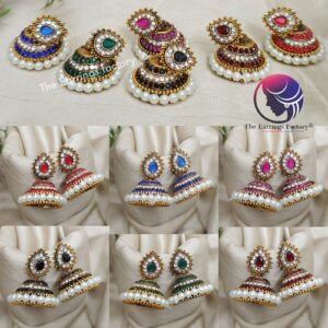 Traditional White Pearl Golden Colourful Stone Pearl Jhumka
